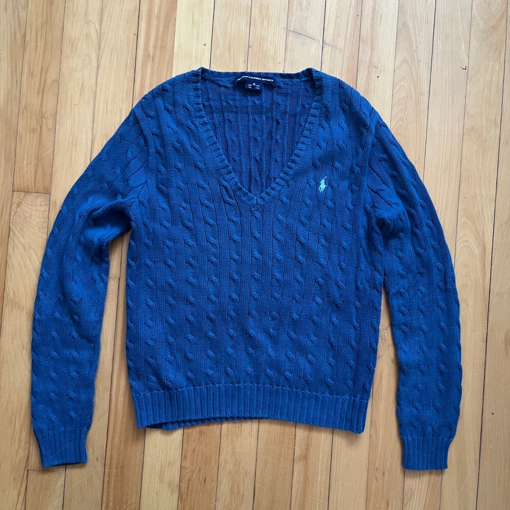 Ralph Lauren Sport Blue Cable Knit V Neck Cotton Sweater XL